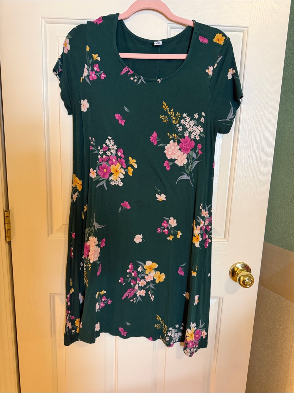 Old Navy Dark Green Floral Swing Dress with Pink and Yellow Accents